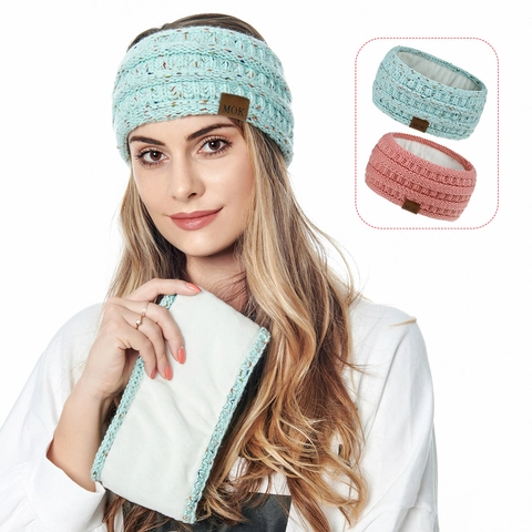 Winter Knitted Headband Fleece Lined Chunky Yarn Ear Warmer Elastic Hair Band For Women Outdoor Sports