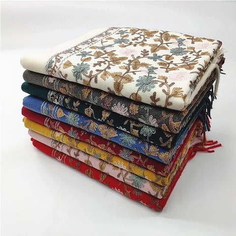 Dames Etnische Sjaal Met Bloemenborduurwerk Faux Cashmere Verdikte Warme Winteromslag Met Kwastjes Vintage Stijl