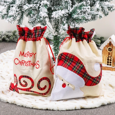 Sacchetti Regalo Di Natale Grandi Sacchi Con Coulisse In Finto Lino Babbo Natale Renna Plaid Sacchetto Di Imballaggio Per Caramelle Da Festa