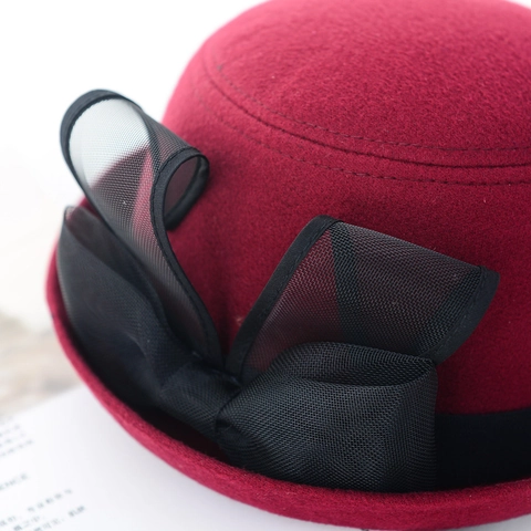 Women Fedora Hat Faux Wool Felt Elegant Round Top With Mesh Rabbit Ears And Large Bow Vintage British Style