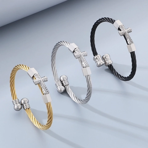 Cross Bangle Bracelet Stainless Steel Twisted Cable Wire Rope Open Cuff Punk Rock Jewelry For Men Women