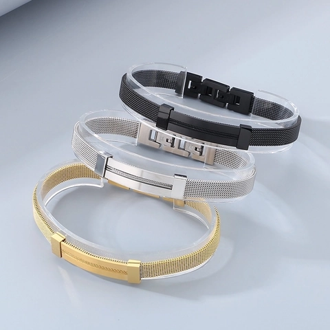 Stainless Steel Mesh Armband Milanaise-Schlaufe Handgelenkband Mit Rechteckiger Metallplatte Punk Mode Für Männer