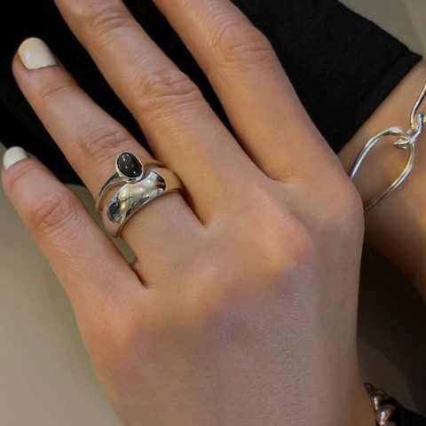925 Sterling Silver Adjustable Open Rings Black Onyx Oval Stone Minimalist Wide Polished Band Jewelry For Women