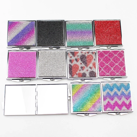 Square Portable Makeup Mirror Sparkling Rhinestone Metal Folding Double Sided Compact Travel Pocket Beauty Tool For Women