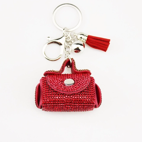 Lujoso Llavero con Forma de Mini Bolso con Strass para Mujer Colgante de Cristal Brillante con Borla Amuleto de Aleación para Bolso