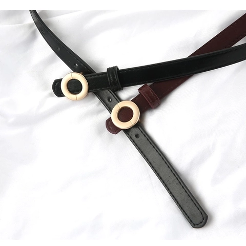 Women Thin PU Leather Belt With Gold Round Alloy Buckle Snap Button Solid Color Fashion Waistband For Dresses Jeans