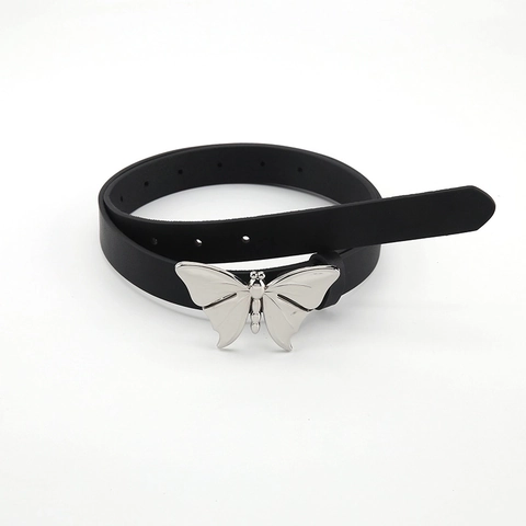 Women's Y2K Aesthetic Butterfly Buckle Belt PU Leather Slim Vintage Waist Strap Metal Butterfly Rhinestone Decor Black Belt
