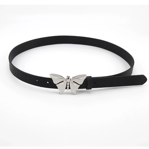 Women's Y2K Aesthetic Butterfly Buckle Belt PU Leather Slim Vintage Waist Strap Metal Butterfly Rhinestone Decor Black Belt