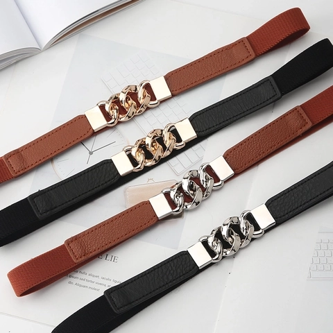 Ceinture Élastique Mince Femmes PU Cuir Alliage Boucle Étirable Taille Pour Robe Pull Mode Polyvalente Accessoire