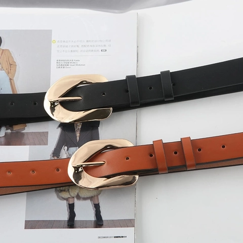 Women's Fashion PU Leather Belt With Gold Metal Pin Buckle Versatile Casual Solid Color Waist Strap Accessory For Jeans