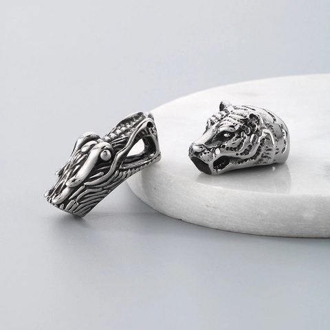 Wolf Lion Dragon Tiger Head Beads Stainless Steel Retro Vintage Animal Spacer Charms DIY Jewelry Making Accessories