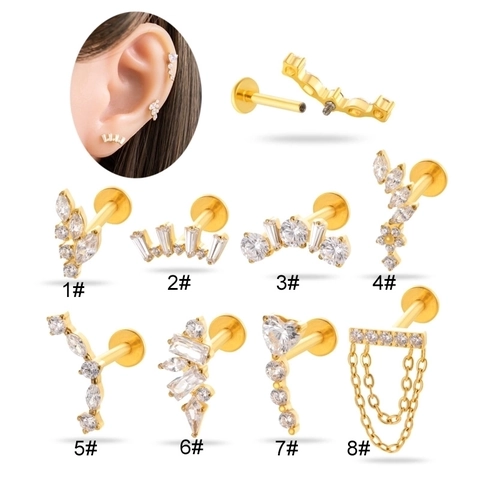 Titanium Alloy Cartilage Earring CZ Labret Stud Flat Back Internal Thread Helix Piercing Jewelry Heart Leaf Tassel Design