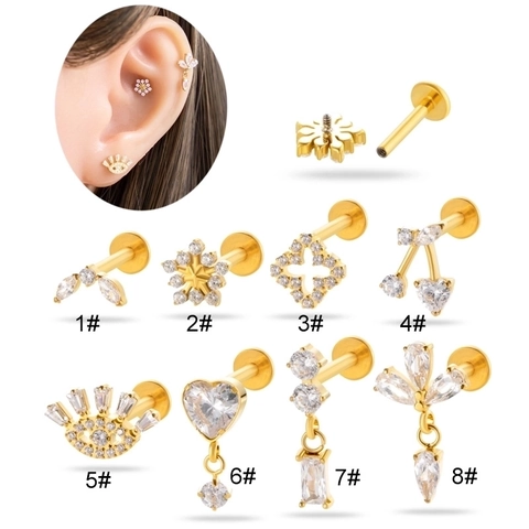 Titanium Legering Labret Studs Interne Schroefdraad Platte Achterkant Piercing Sieraden Cubic Zirconia Hart Oog Vormige Kraakbeen Oorbellen