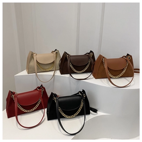 Vintage Corduroy PU Leather Patchwork Underarm Bag For Women Fashion Gold Chain Shoulder Crossbody Bag Daily Versatile Handbag