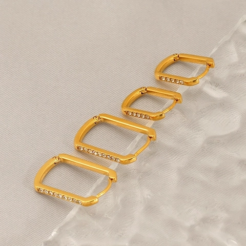 Rectangular Hoop Earrings 18K Gold Plated Stainless Steel Rhinestone Encrusted Geometric Minimalist Jewelry For Women