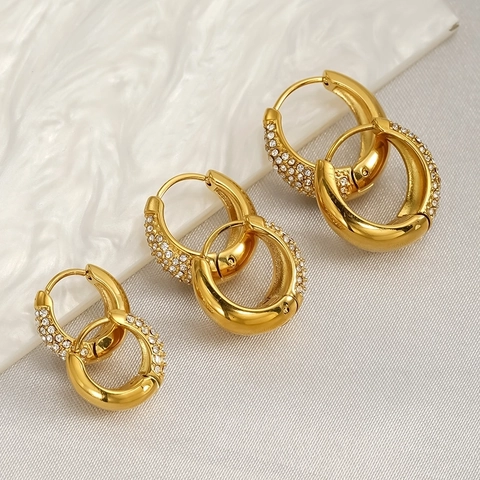 Boucles D'oreilles Créoles Huggie Acier Inoxydable Plaqué Or 18K Micro Pavé Strass Bijoux De Mode Luxe Pour Femmes