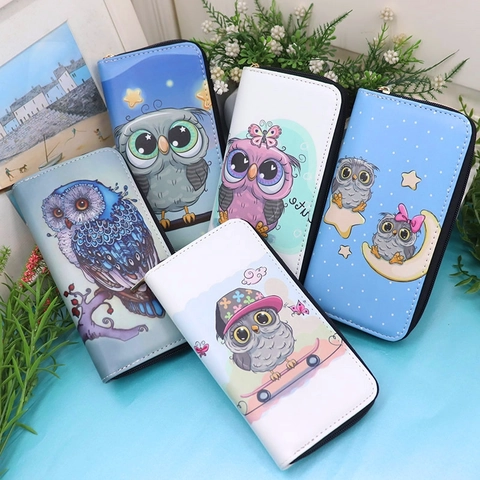 Damen Lange Geldbörse Mit Reißverschluss PU Leder Süße Eule Cartoon Print Große Kapazität Handy Clutch Tasche Casual Mode