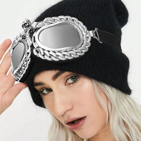 Punk Sports Goggles With Metal Skull Cross Decoration And Thick Chain Border UV400 Windproof Outdoor Cycling Eyewear
