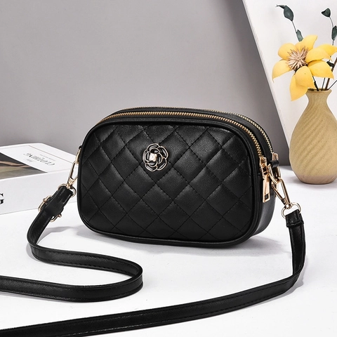 Quilted Diamond Pattern Crossbody Bag PU Leather Double Zipper Camellia Flower Decor Elegant Fashion Purse For Women