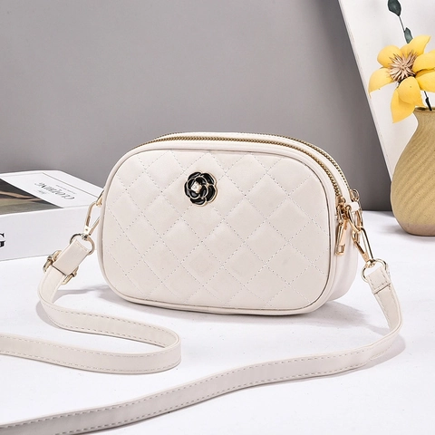 Quilted Diamond Pattern Crossbody Bag PU Leather Double Zipper Camellia Flower Decor Elegant Fashion Purse For Women