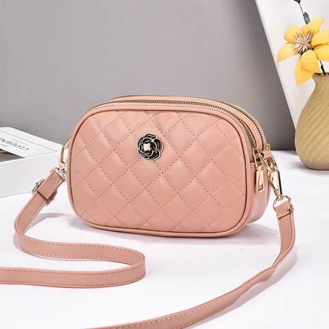 Borsa Tracolla Pelle PU Trapuntata Donna Elegante Fiore Camelia Doppia Cerniera Piccola Borsa Spalla