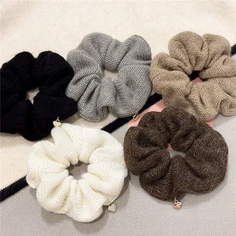 Knitted Woolen Hair Scrunchies With Heart Metal Pendant Solid Color Elastic Hair Ties Fashion Accessories For Women