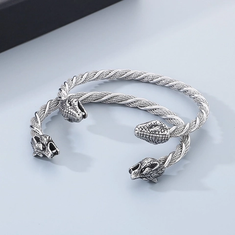 316L Stainless Steel Wolf Snake Head Open Cuff Bracelet Twisted Wire Vintage Viking Gothic Punk Jewelry For Men