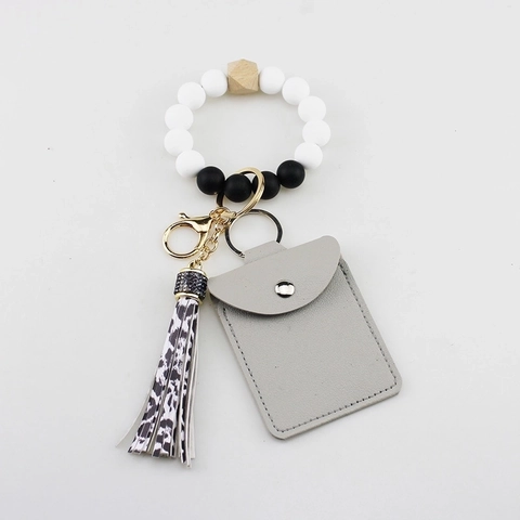 Silicone Bead Wristlet Keychain PU Leather Card Holder Tassel Pendant Alloy Clasp Wood Bead Fashion Jewelry Women Accessory