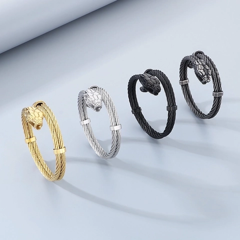 Animal Head Stainless Steel Wire Cable Cuff Bracelet Punk Hip Hop Woven Rope Bangle For Men Women