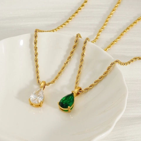 Teardrop Pendant Necklace Stainless Steel 18K Gold Plated Zircon Pear Cut Rope Chain For Women Ins Style Minimalist Jewelry