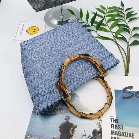 Gevlochten Handtas Met Bamboe Handvat Vintage Stro Tote Grote Capaciteit Vakantie Strandtas Voor Dames