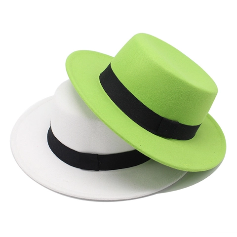 Vintage Boater Hat Flat Top Wide Brim Woolen Felt Style Elegant Fedora With Black Ribbon For Women Men