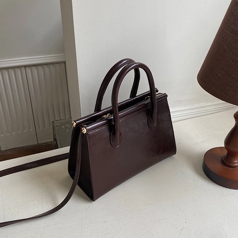 Retro PU Leather Handbag Women Vintage Oil Wax Shoulder Crossbody Bag Double Handles Adjustable Strap Minimalist