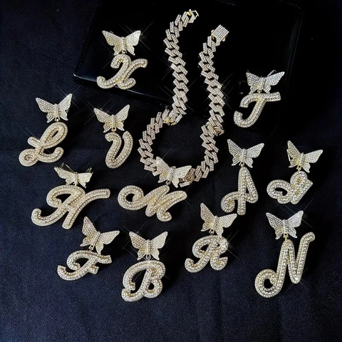 Collana Con Pendente Lettera Iced Out Con Fibbia A Farfalla Lega Strass Hip Hop Catena Cubana