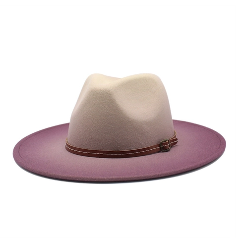 Fedora Hut Wollfilz Farbverlauf Breite Krempe Gürtelschnalle Britischer Stil Jazzhut Für Damen Herren