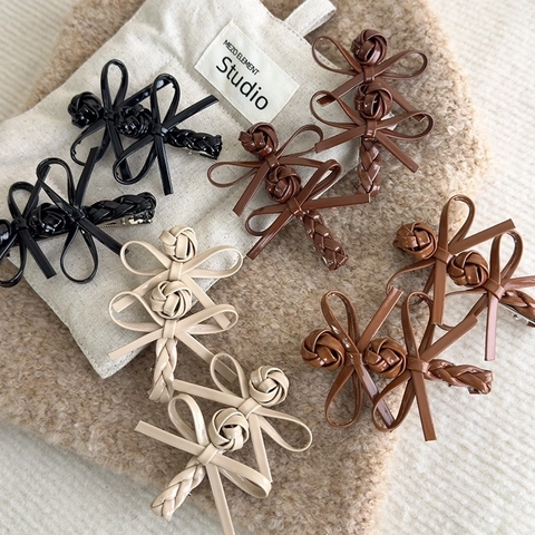 Vintage Leather Double Bow Hair Clip Braided Knot Duckbill Clip Korean Style Sweet Hair Accessory For Women Girls