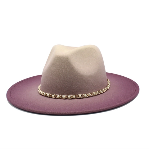 Wide Brim Fedora Hat Bicolor Wool Felt With Artificial Pearl Metal Chain Gradient Jazz Hat For Men Women Retro British Style