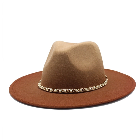 Wide Brim Fedora Hat Bicolor Wool Felt With Artificial Pearl Metal Chain Gradient Jazz Hat For Men Women Retro British Style