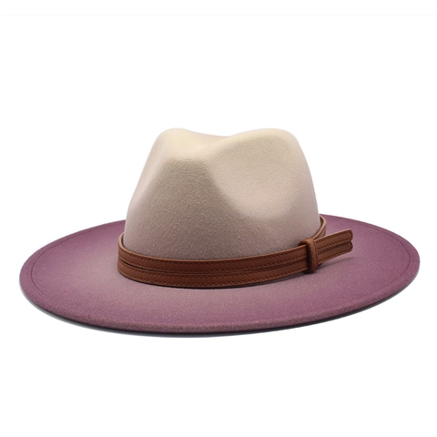 Fedora Hut Wollfilz Gradient Kontrastfarbe Breite Krempe Lederband Retro Jazz Stil Herren Damen