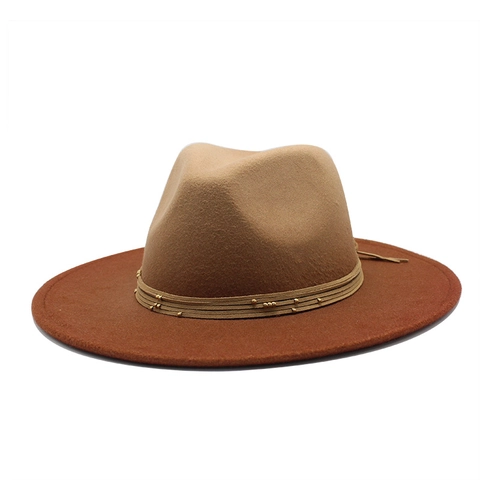 Gradient Wool Felt Fedora Hat Wide Brim Vintage Jazz Hat Bead Decor Band For Men Women
