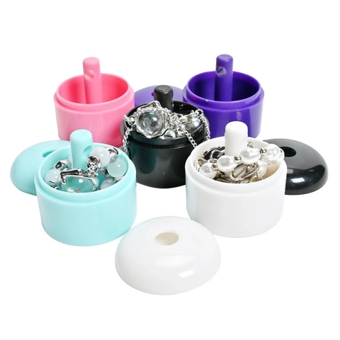 Portable Mini Round Jewelry Box With Keychain ABS Solid Color Ring Necklace Storage Box For Travel Home Organizer