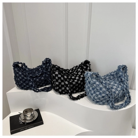 Schoudertas Denim Ruitpatroon Met Franjes Grote Capaciteit Hobo Tas Voor Dames Casual Streetwear Stijl