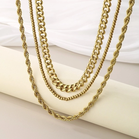 Collar De Capas De Acero Inoxidable Bañado En Oro De 18K Cadena De Eslabones Cuerda Y Cuentas Joyería Elegante Mujer