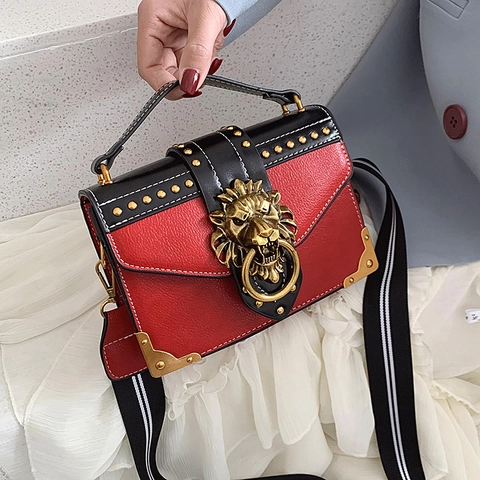 Vintage Women's PU Leather Handbag With Gold Lion Head Buckle Rivets Contrast Color Wide Strap Square Crossbody Bag Fashion Tote Bag