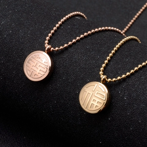 Round Pendant Necklace Titanium Steel Gold Plated Blessing Character Ball Chain Minimalist Jewelry For Women
