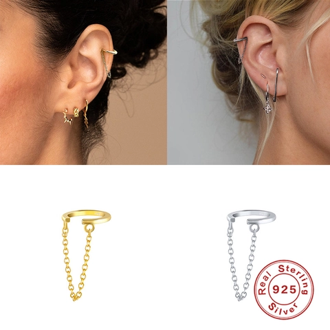 Minimalist 925 Sterling Silver Ear Cuff Earring With Chain Tassel Geometric Non-pierced Jewelry For Women
