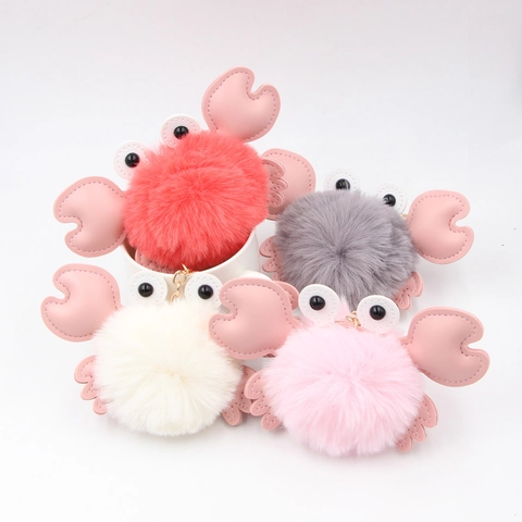 Llavero De Cangrejo De Peluche De Dibujos Animados Pompón Adorno Para Bolso De Piel Sintética Con Pinzas De Cuero PU Anillo De Aleación