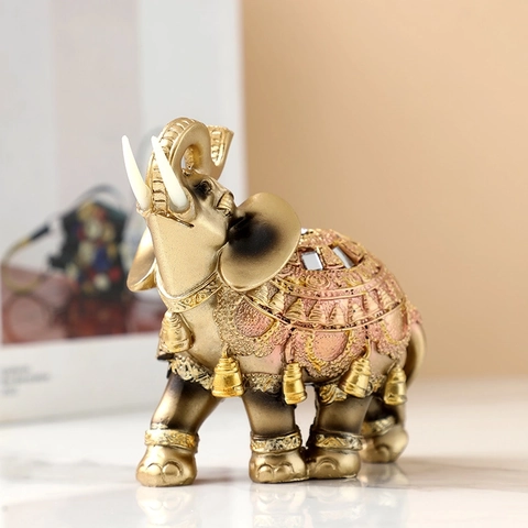 Statua Elefante In Resina Figurina Animale Decorata Proboscide Alzata Portafortuna Ornamento Per Casa Ufficio Stile Sud-Est Asiatico