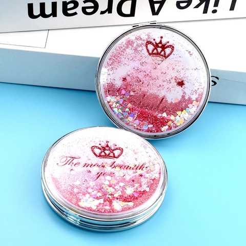 Quicksand Double Sided Folding Makeup Mirror Portable Pink Heart Sequin Travel Mirror Round Compact Magnifying Mirror For Women