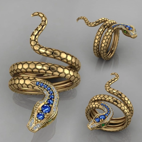 Anillo Serpiente Cobre Chapado Oro Con Circonita Azul Blanco Verde Espiral Motivo Animal Estilo Punk Gótico Mujeres Hombres